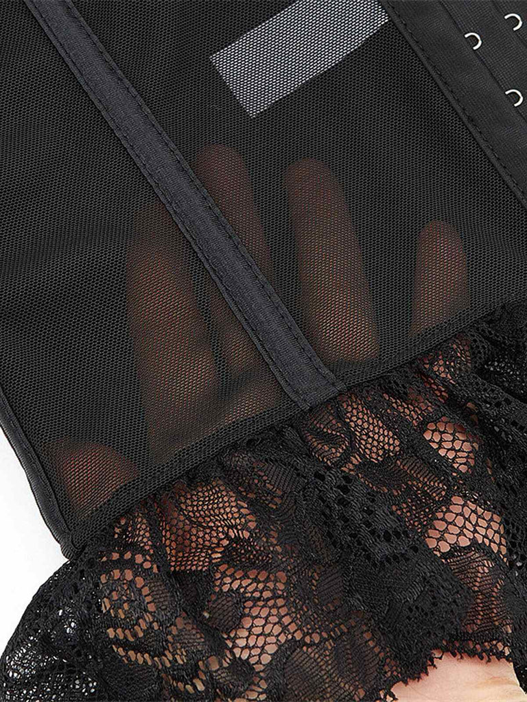 She slips into Black 1970s Steampunk Lace Patchwork Strap Corset and channels 1970s screen sirens