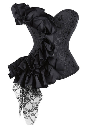 She slips into Black 1970s Stempunk Ruffled Lace Patchwork Corset and channels 1970s screen sirens