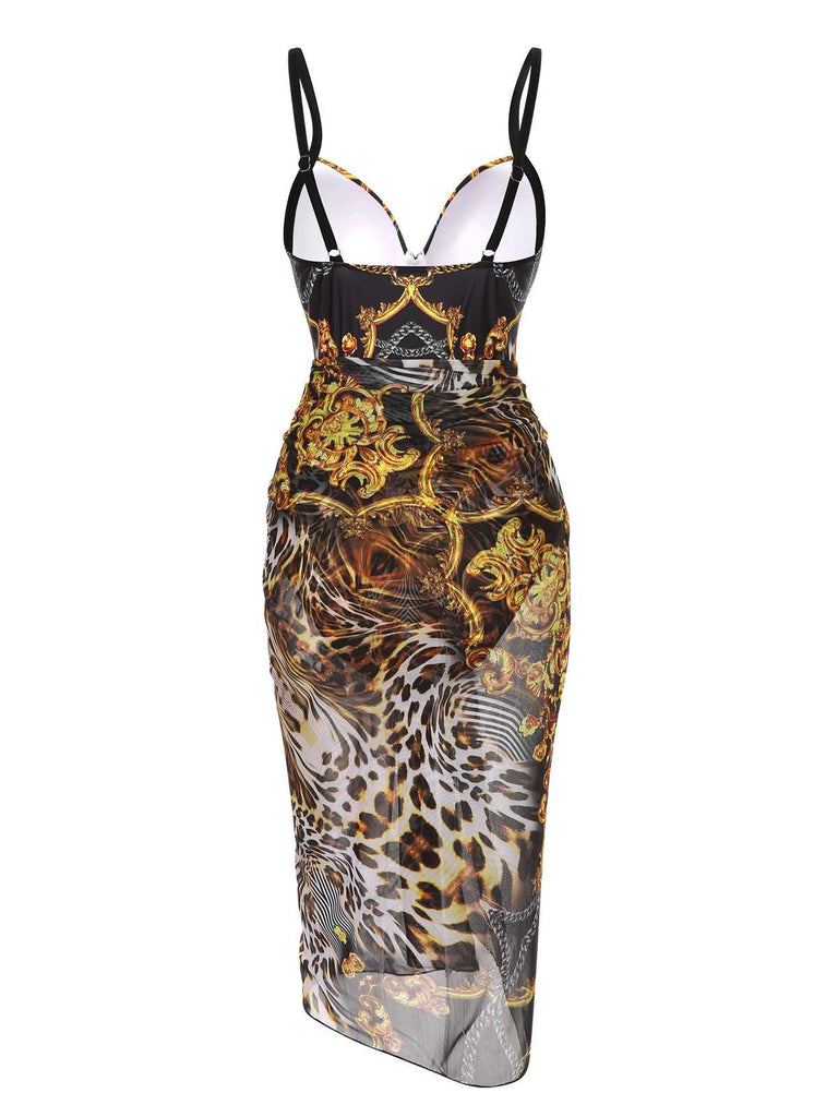 This Black 1970s Strap Print One-Piece Swimsuit & Cover-Up carries 1970s vacation dreams in every stitch