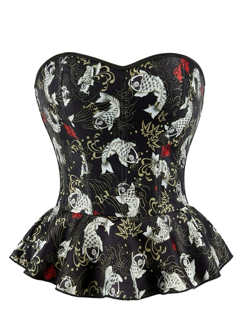Black 1970s Strapless Koi Fish Print Ruffle Corset - vintage fashion, retro style, classic black