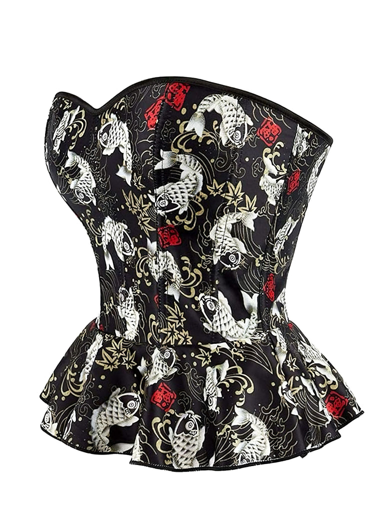 Black 1970s Strapless Koi Fish Print Ruffle Corset - vintage fashion, retro style, classic black