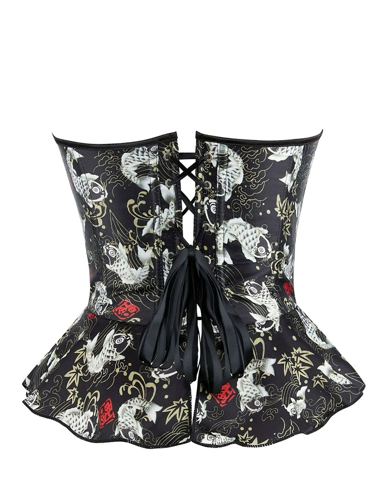 Black 1970s Strapless Koi Fish Print Ruffle Corset - vintage fashion, retro style, classic black