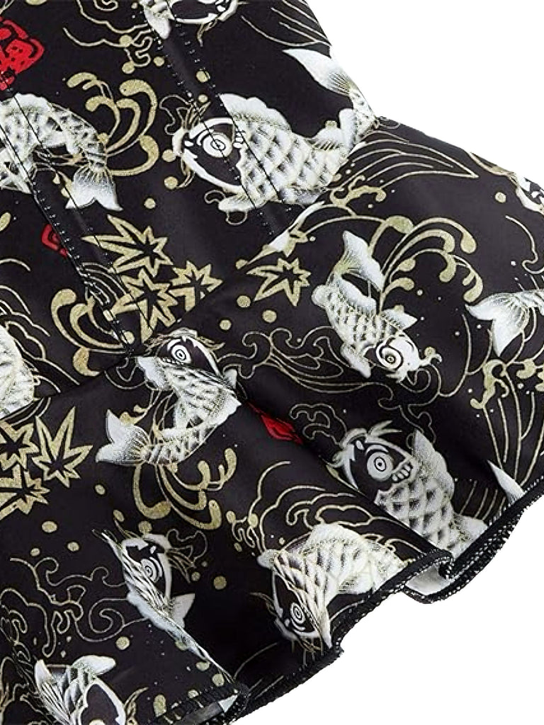 Black 1970s Strapless Koi Fish Print Ruffle Corset - vintage fashion, retro style, classic black