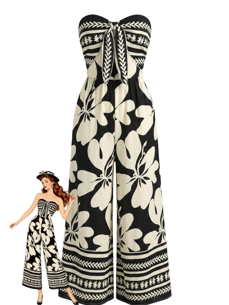 Black 1970s Print Strapless One Piece Jumpsuit