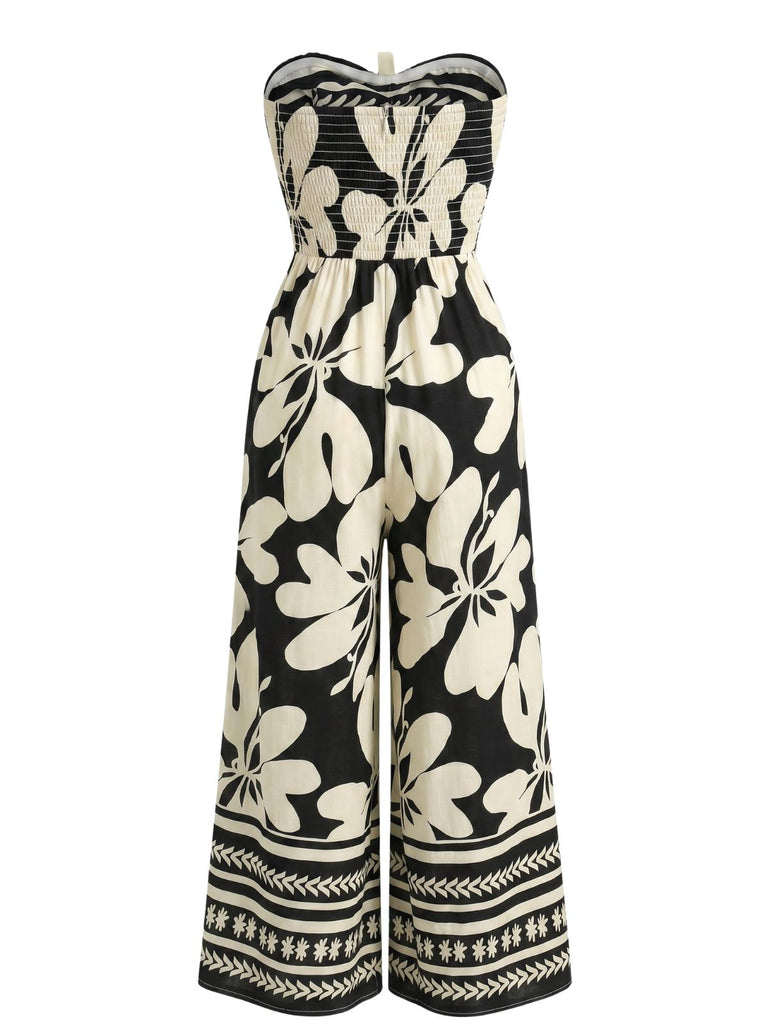 Black 1970s Print Strapless One Piece Jumpsuit 2