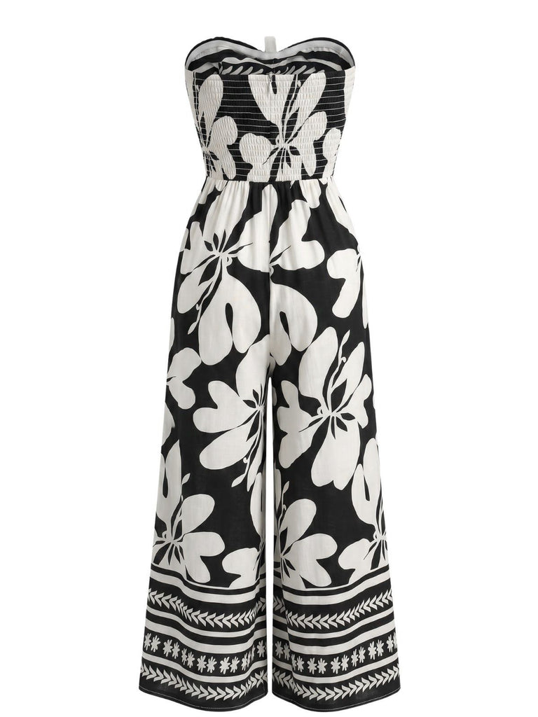 Black 1970s Tie-Front Big Floral Strapless Jumpsuit