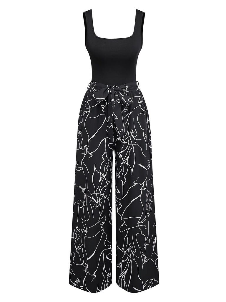 Black 1970s U-Neck Tank Top & Abstract Prints Pants - vintage fashion, retro style, classic black