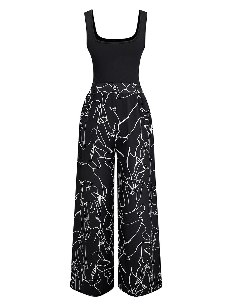 Black 1970s U-Neck Tank Top & Abstract Prints Pants - vintage fashion, retro style, classic black