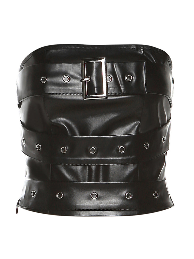 Black 1980s Bandeau Punk Leather Top - vintage fashion, retro style, classic black