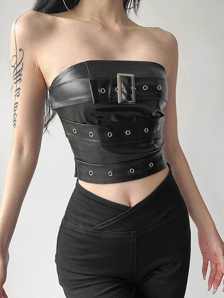 Black 1980s Bandeau Punk Leather Top - vintage fashion, retro style, classic black