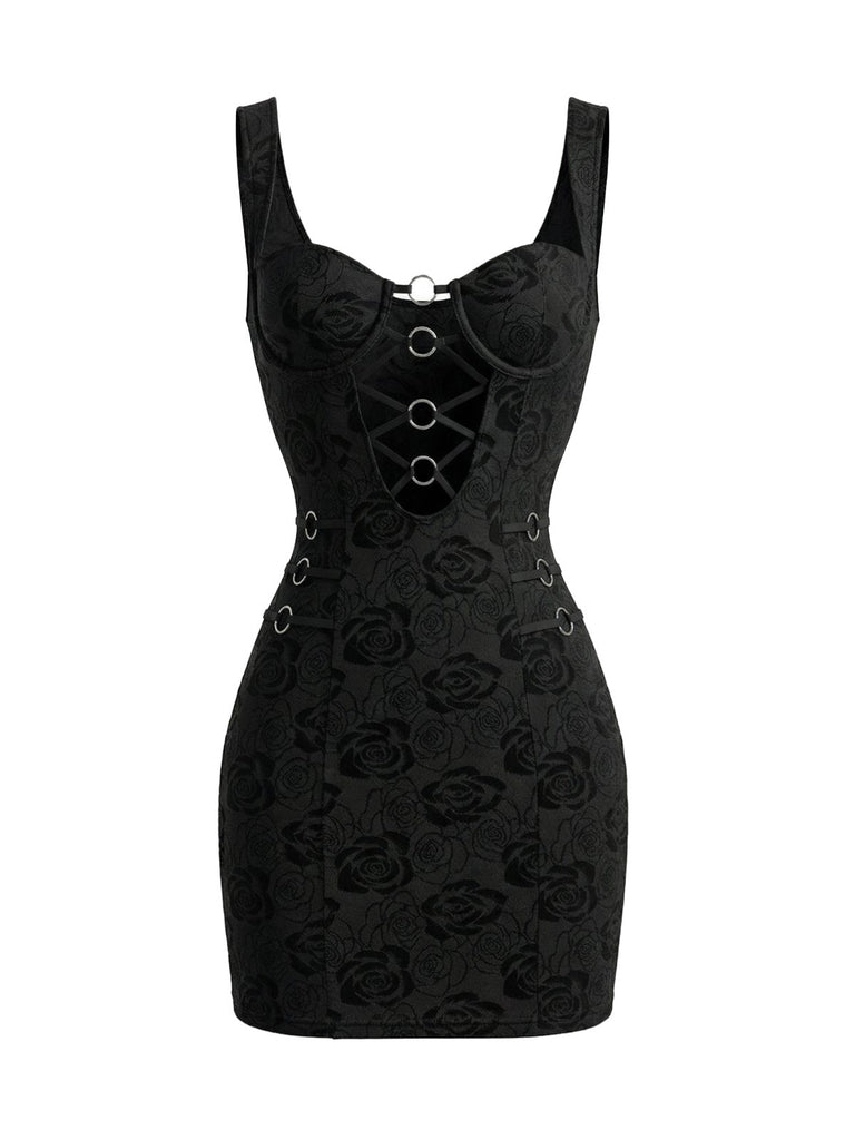black cut out ring dress Strappy Ring Gem Detail Cut Out Mini Bodycon Dress In Black Texture | EGO US