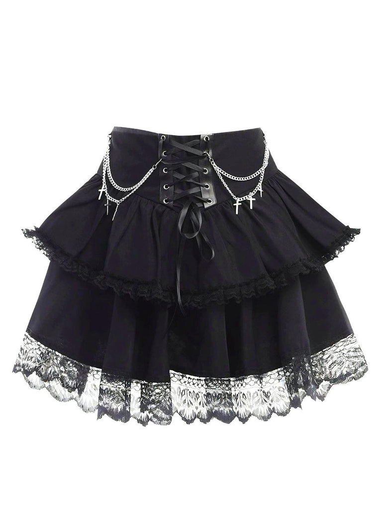 Black 1980s Gothic Chain Cross Lace Layered Skirt - vintage skirt, retro style, classic black