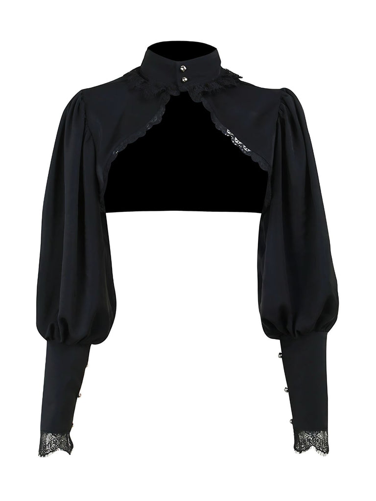 Black 1980s Gothic Lace Stand Collar Top - vintage fashion, retro style, classic black