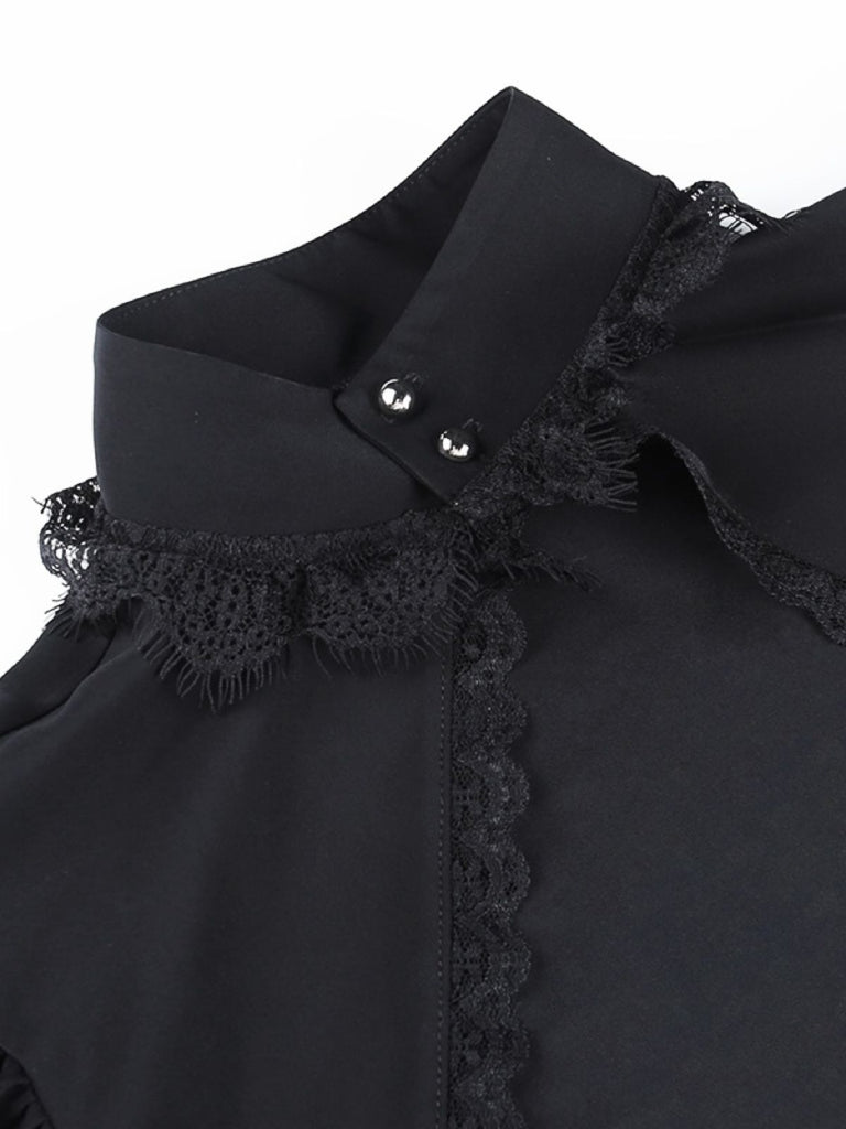 Black 1980s Gothic Lace Stand Collar Top - vintage fashion, retro style, classic black