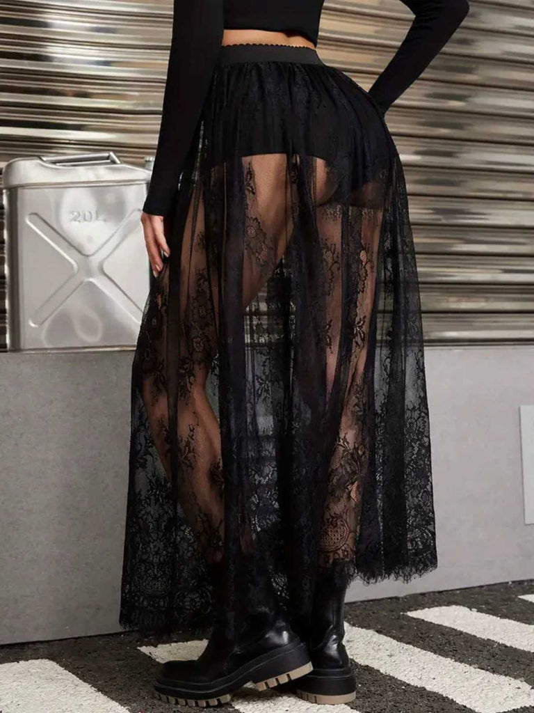 Black 1980s Gothic Sheer Lace Skirt - vintage skirt, retro style, classic black