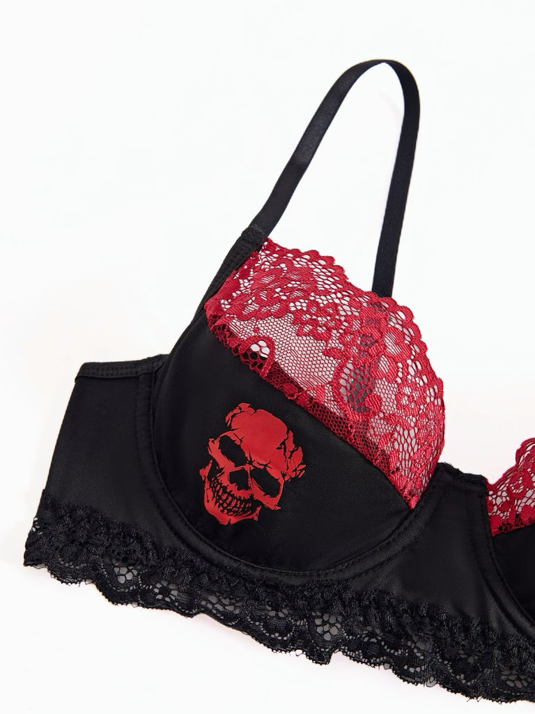 Black 1980s Gothic Skull Lace Patchwork Crop Top - vintage fashion, retro style, classic black