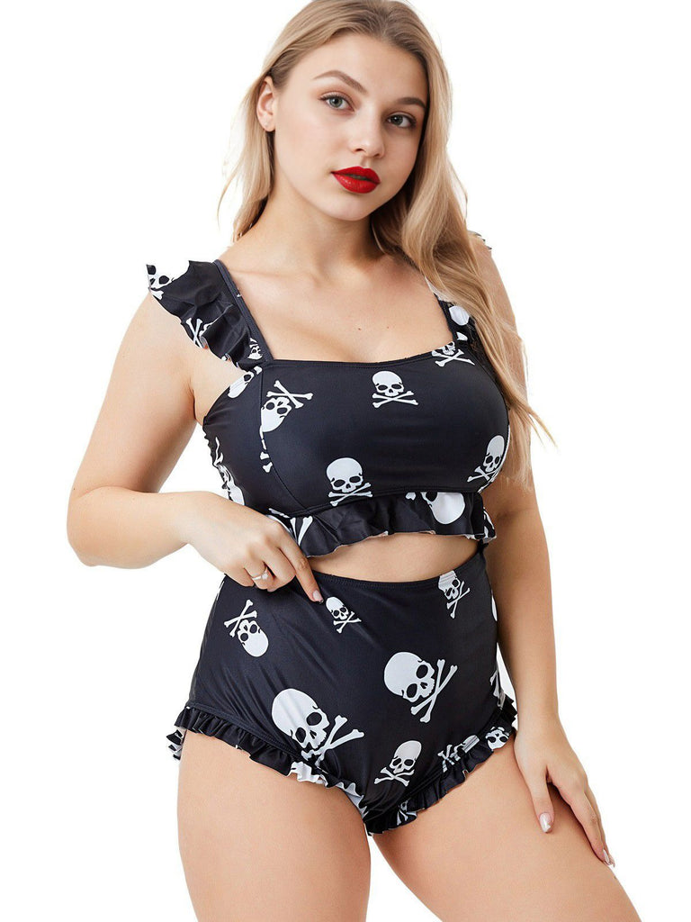 Black 1980s Gothic Skull Print Ruffles Bikini Set - vintage fashion, retro style, classic black