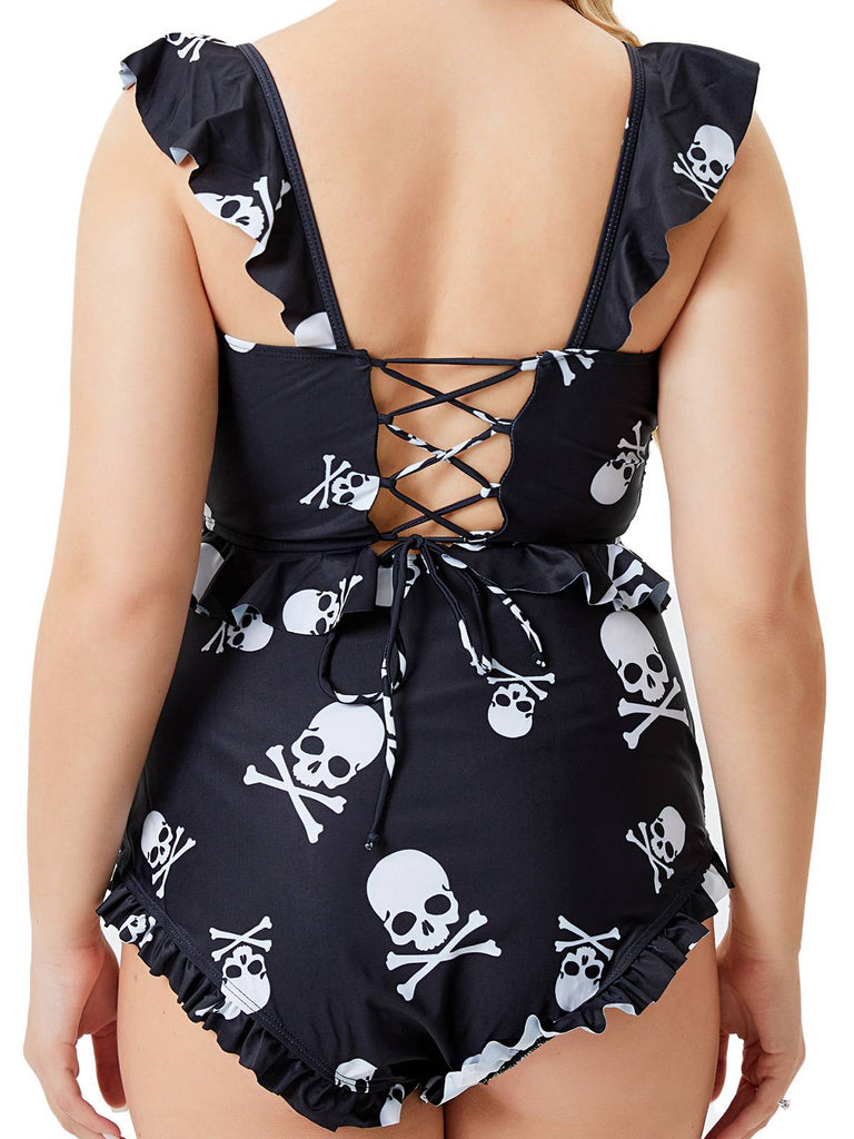 Black 1980s Gothic Skull Print Ruffles Bikini Set - vintage fashion, retro style, classic black