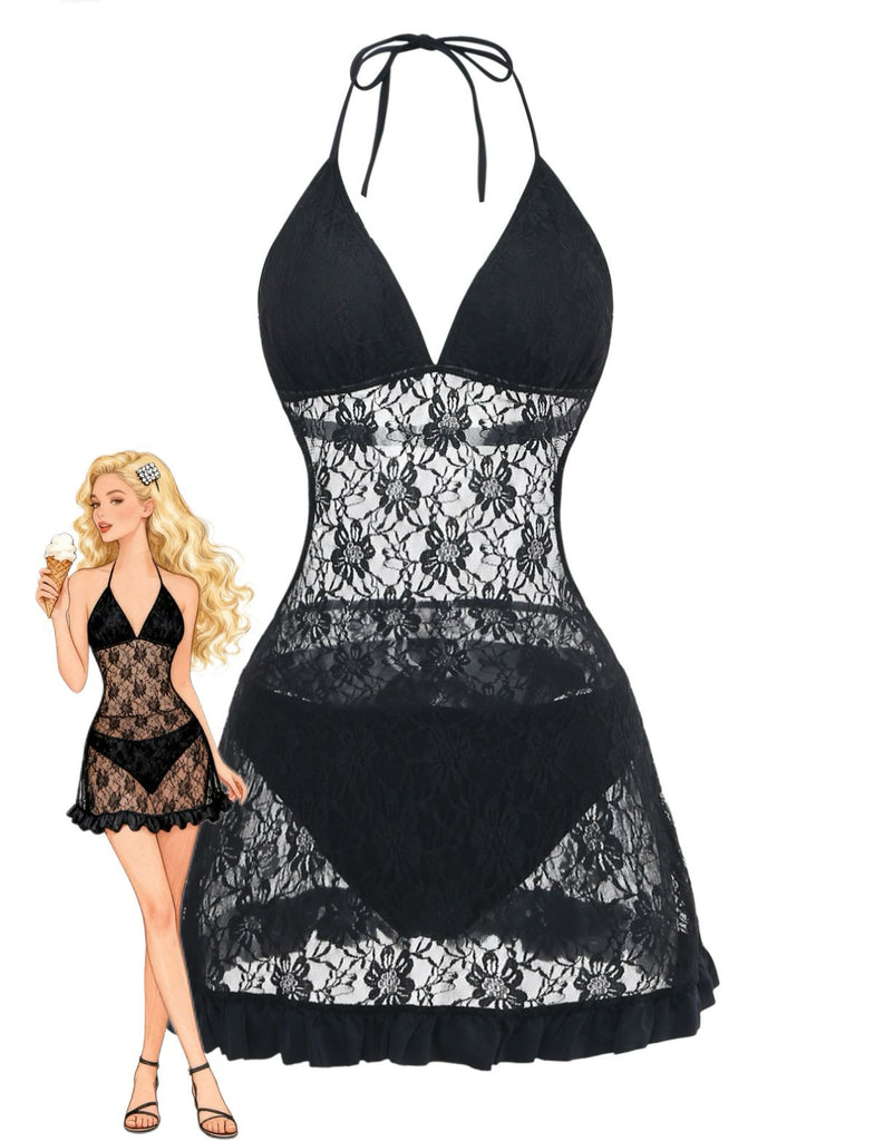 Black 1980s Lace Halter Ruffle One-Piece Swimsuit - vintage swimwear, retro beach style for women