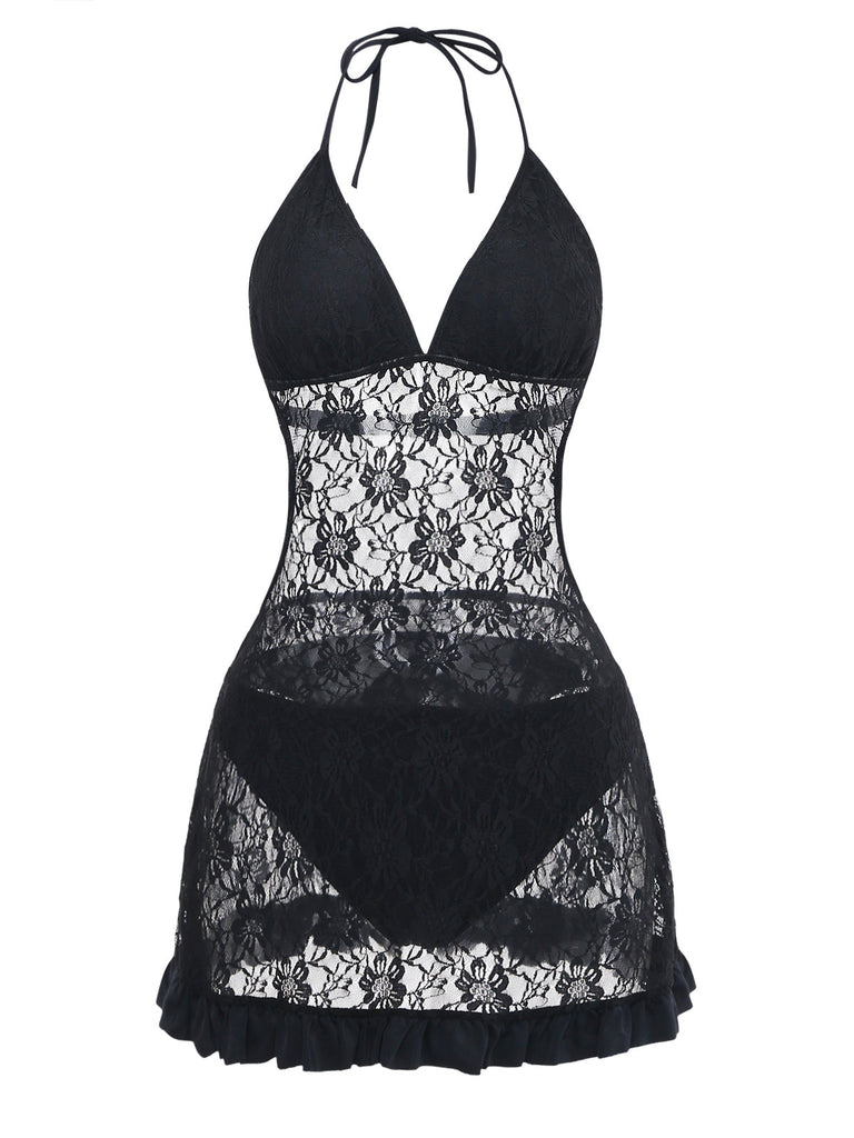 Black 1980s Lace Halter One-Piece Swimsuit 6