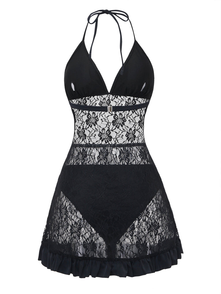 Black 1980s Lace Halter One-Piece Swimsuit 5