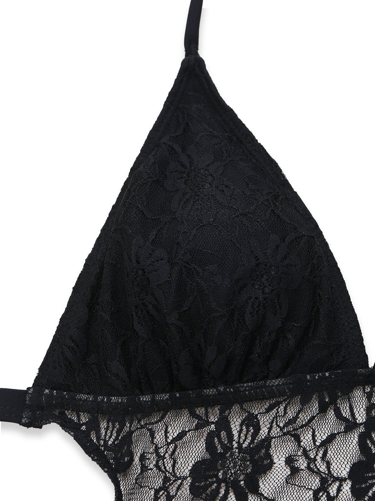 Black 1980s Lace Halter One-Piece Swimsuit 3
