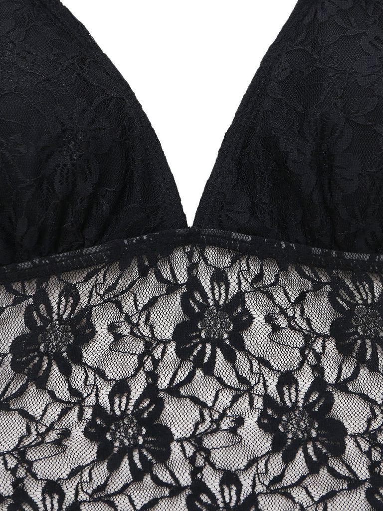 Black 1980s Lace Halter One-Piece Swimsuit 2
