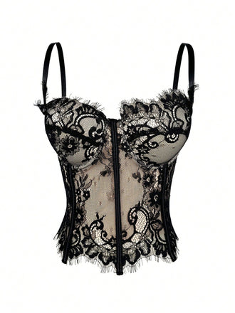 Black 1980s Lace Steampunk Herringbone Corset - vintage fashion, retro style, classic black