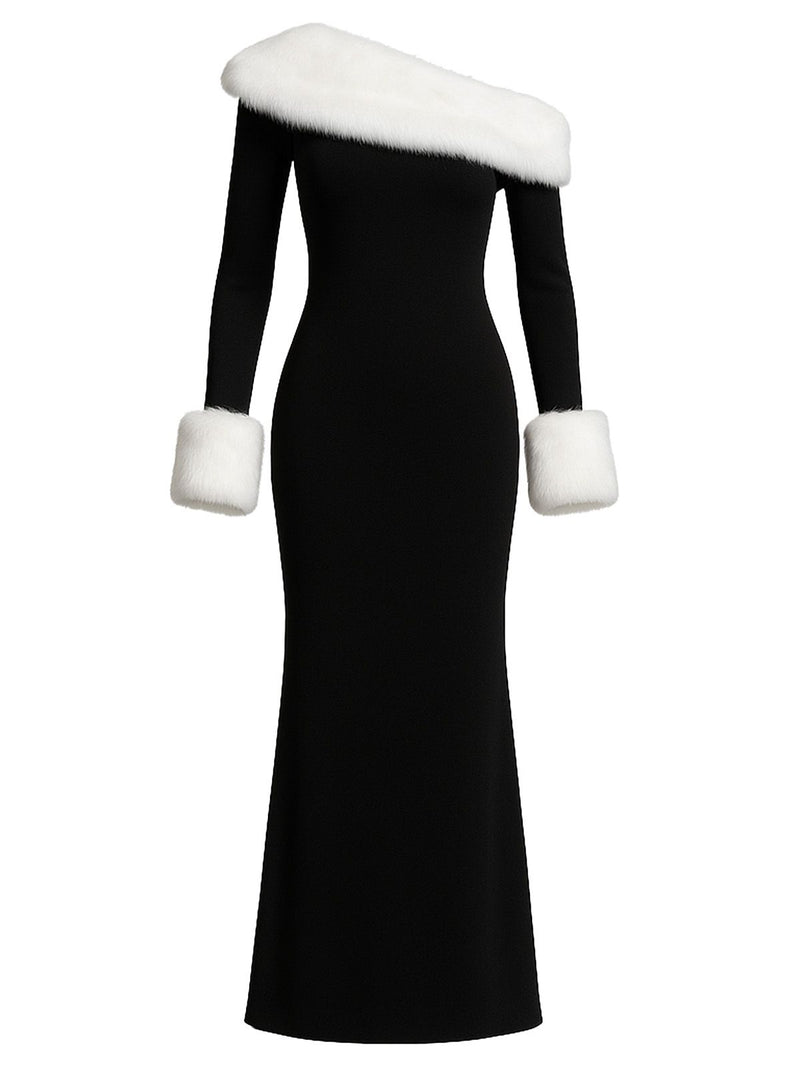 Vintage Off-Shoulder Long Sleeve Maxi Dress with Fur Trim | Cocktail Dress