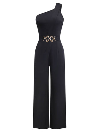 Black 1980s One Shoulder Wide Leg Belt Jumpsuit - vintage jumpsuit, retro fashion, classic black