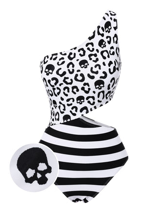 She's wearing Black 1980s One-Shoulder Hollow Skull Stripe Swimsuit and the whole beach remembers the 1980s