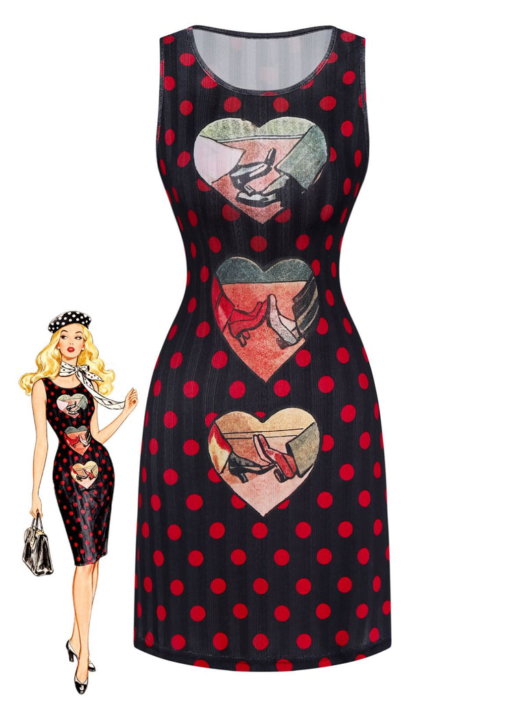 Vintage Polka Dot Heart Graphic Round Neck Sleeveless Mini Pencil Dress Black