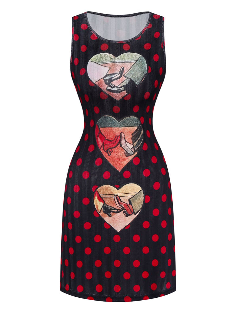 Vintage Polka Dot Heart Graphic Round Neck Sleeveless Mini Pencil Dress Black