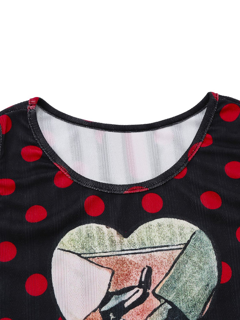 Black 1980s Polka Dot Heart Graphic Pencil Dress - vintage dress, retro fashion, classic black