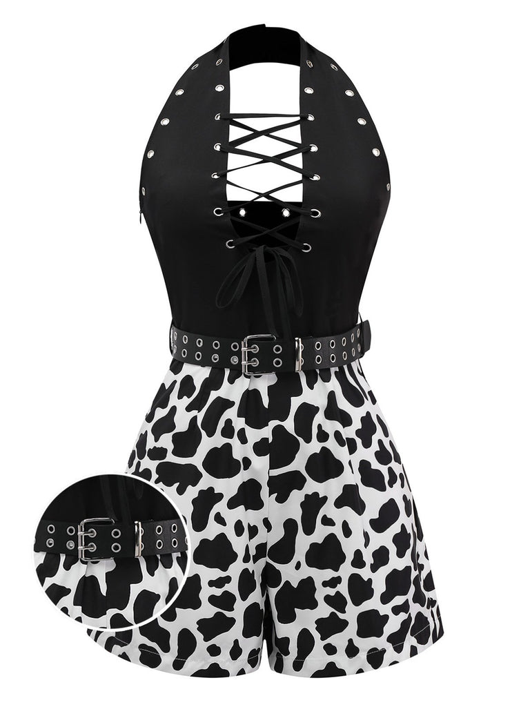Black 1980s Punk Halter Hollow Cow Pattern Romper - vintage jumpsuit, retro fashion, classic black