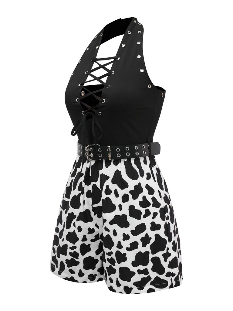 Black 1980s Punk Halter Hollow Cow Pattern Romper - vintage jumpsuit, retro fashion, classic black