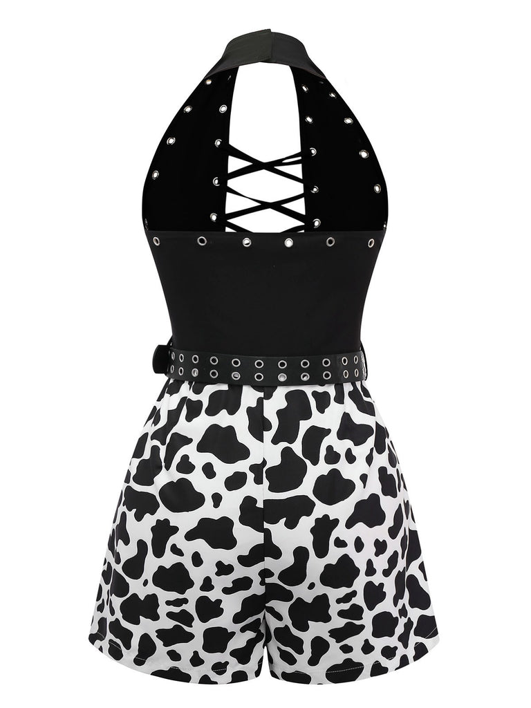 Black 1980s Punk Halter Hollow Cow Pattern Romper - vintage jumpsuit, retro fashion, classic black