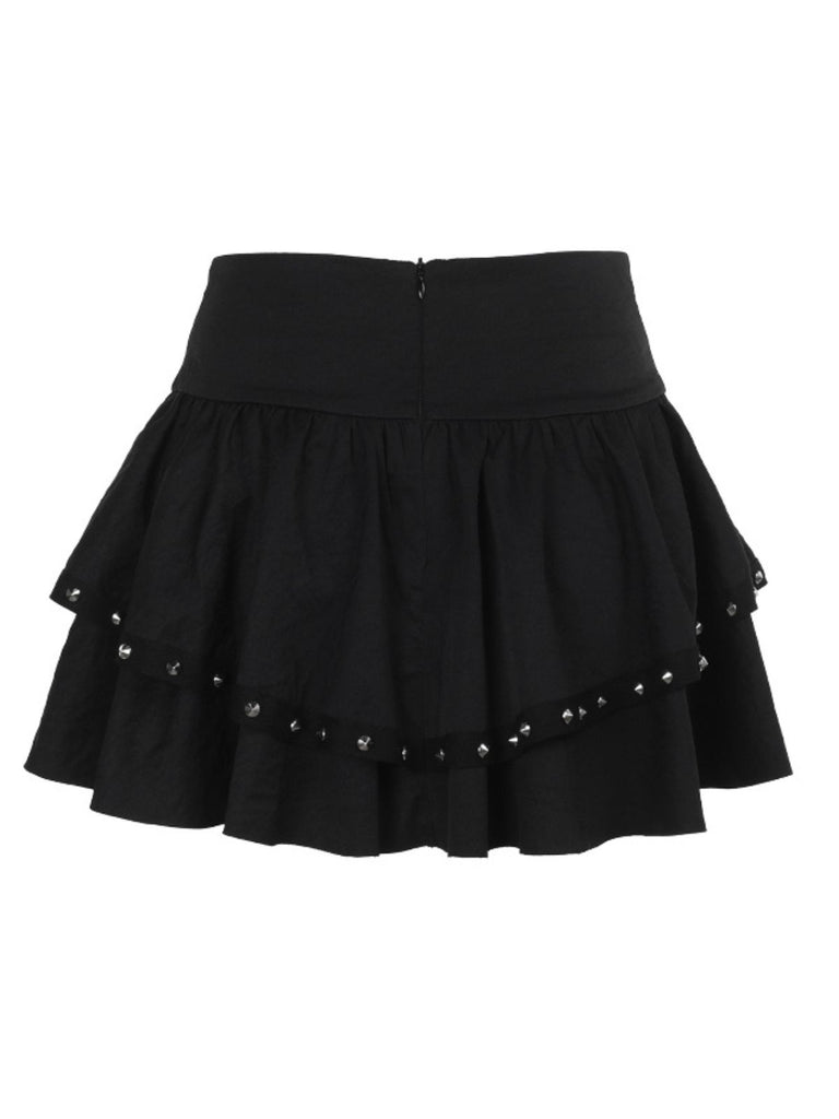 Black 1980s Punk Metal Button Lace-Up Skirt - vintage skirt, retro style, classic black