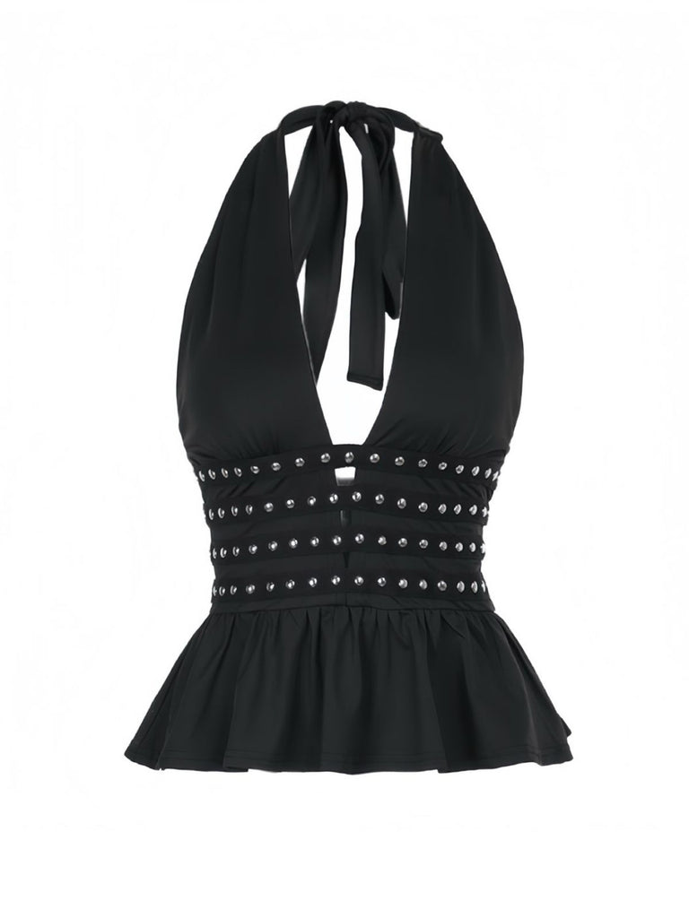 Black 1980s Punk Rhinestone Halter Top - vintage fashion, retro style, classic black