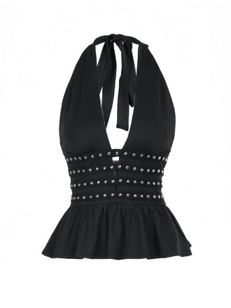 Black 1980s Punk Rhinestone Halter Top - vintage fashion, retro style, classic black