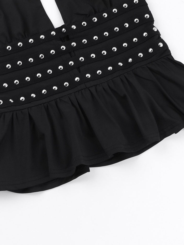 Black 1980s Punk Rhinestone Halter Top - vintage fashion, retro style, classic black