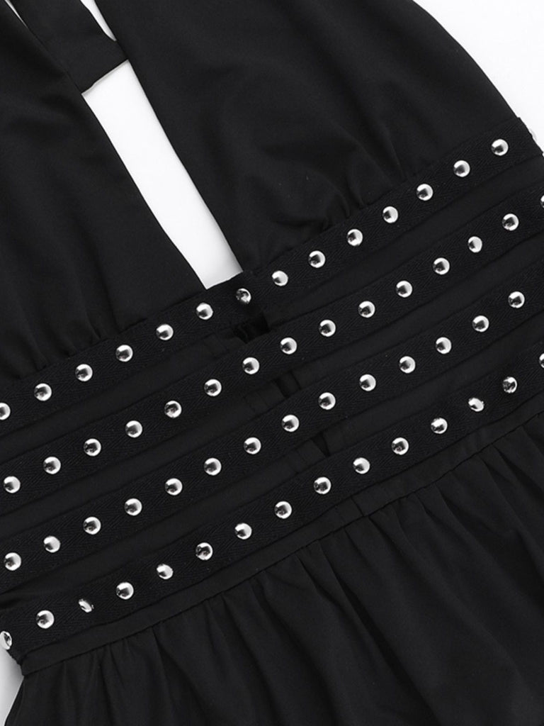 Black 1980s Punk Rhinestone Halter Top - vintage fashion, retro style, classic black