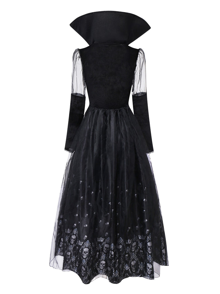 Black 1980s Queen Skull Long Sleeve Mesh Dress - vintage dress, retro fashion, classic black