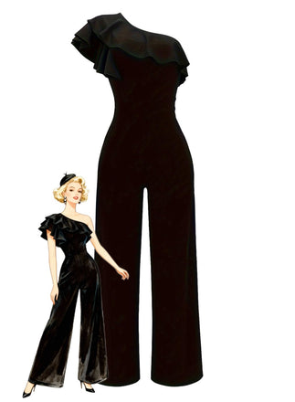 Black 1980s Solid One-Shoulder Ruffled Jumpsuit - vintage jumpsuit, retro fashion, classic black