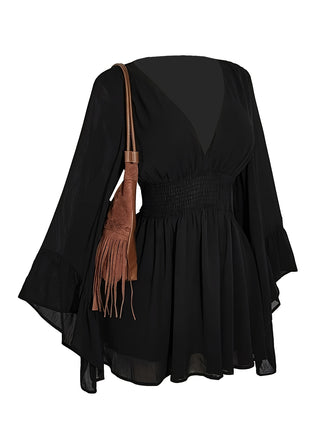 Black 1980s Solid V-Neck Flare Dress - vintage dress, retro fashion, classic black