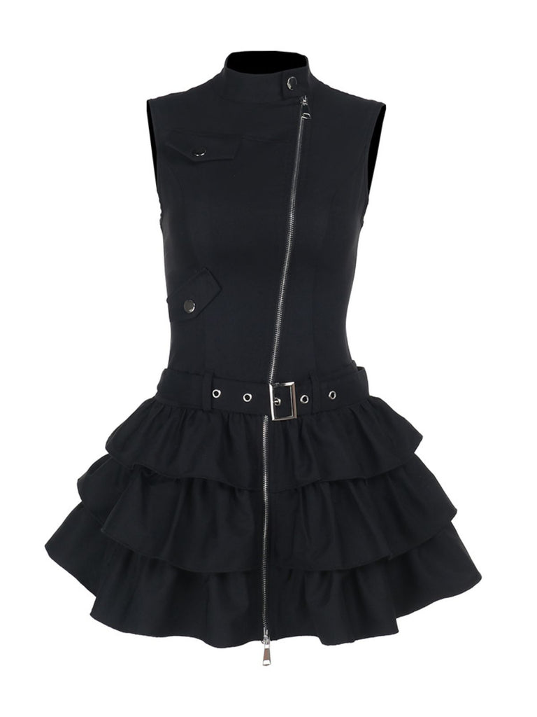 Black 1980s Steampunk Solid Zipper Belted Dress - vintage dress, retro fashion, classic black