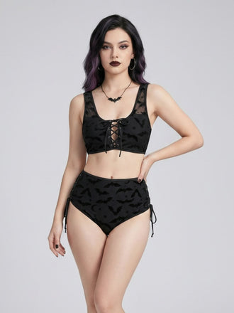 Black 1980s Strap Bat Mesh Gothic Bikini Set, vintage swimsuit, pin-up swimwear - perfect for women who love vintage and retro fashion