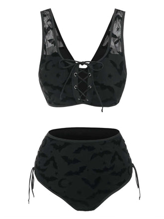 Black 1980s Strap Bat Mesh Gothic Bikini Set - vintage fashion, retro style, classic black