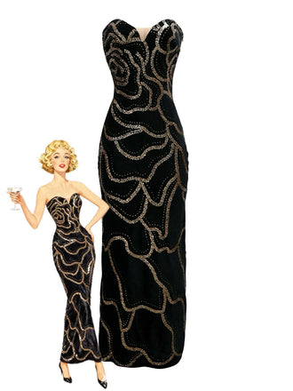 Black 1980s Strapless Sequin Bodycon Dress - vintage dress, retro fashion, classic black