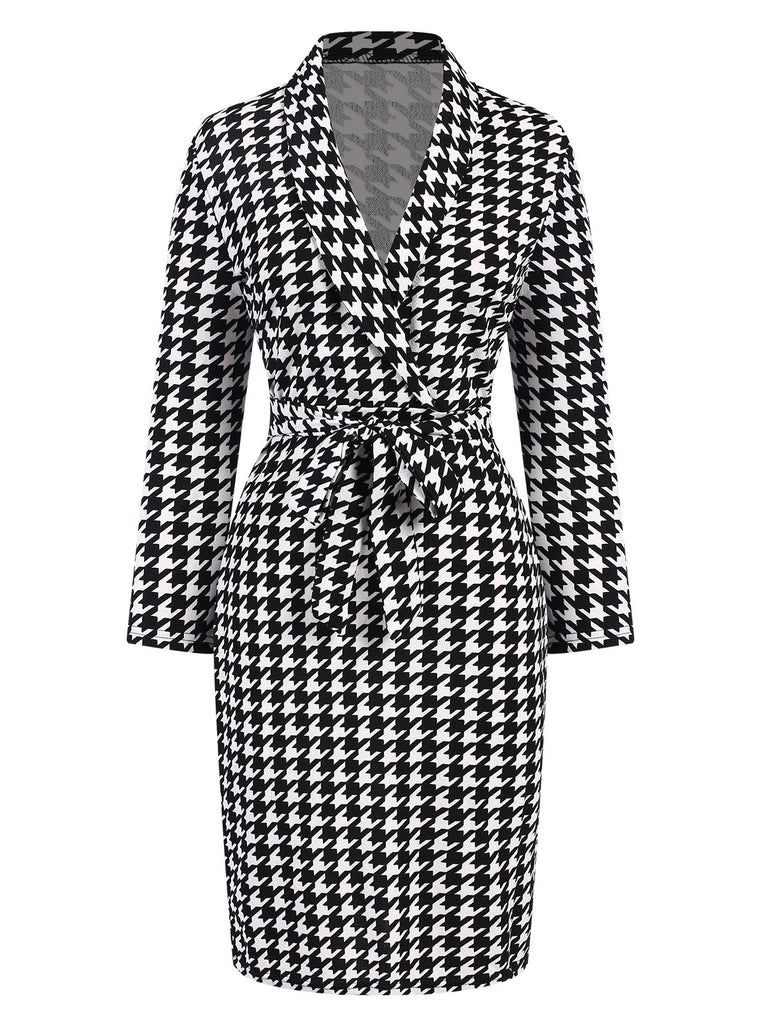 Black 1980s V-Neck Bow Houndstooth Dress, vintage dress, retro fashion - perfect for women who love vintage and retro fashion